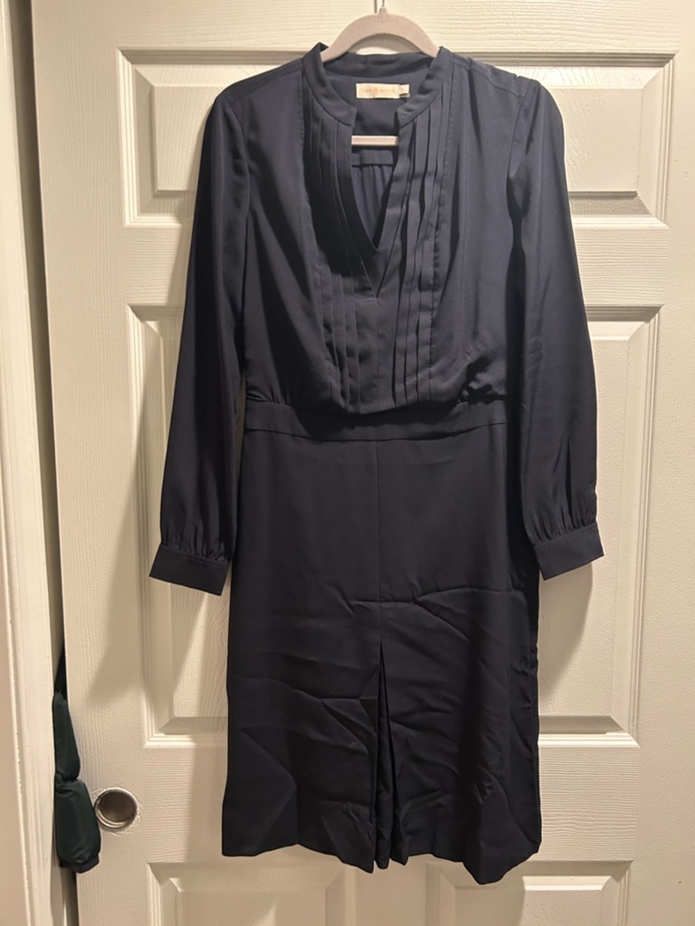 Tory Burch Navy Long-Sleeve Pleated V-Neck Dress